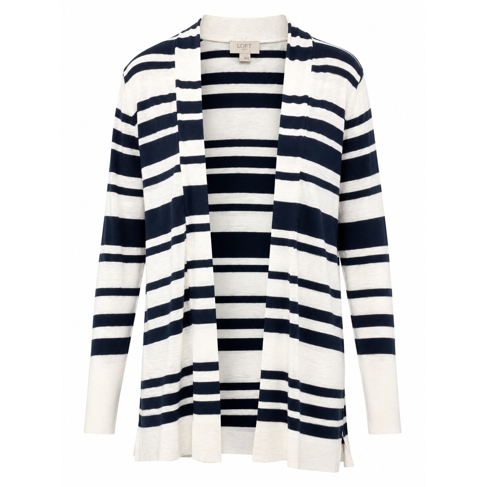 Loft Outlet Striped Cardigan Women L Navy White Open Front Coastal Preppy Career